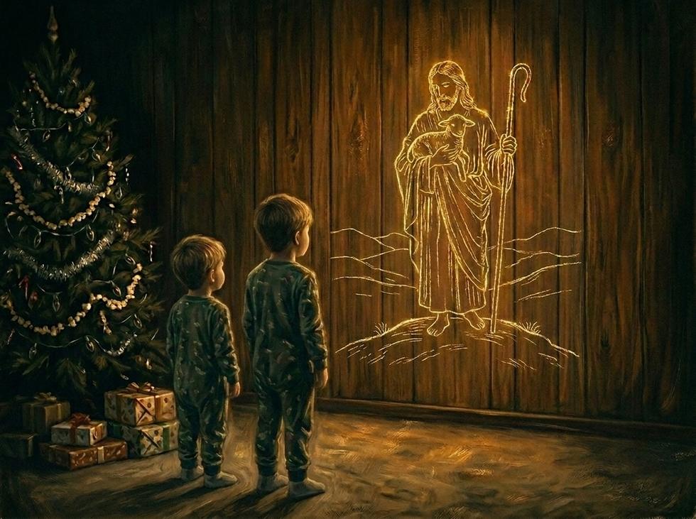 Oil painting of two small boys seen from behind, the younger on the left, in a dim 1970s living room with the Christmas tree beside them, watching an image of the Good Shepherd with a lamb drawn in glowing gold lines surface out of the wood paneled wall