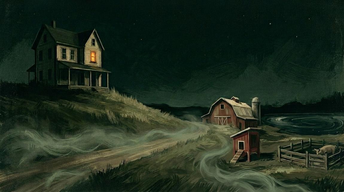 Oil painting of a three story farmhouse up on a hill at night, one window lit amber, a dirt road below, and a faded red barn, chicken coop and pig pen on the low ground near a small dark lake
