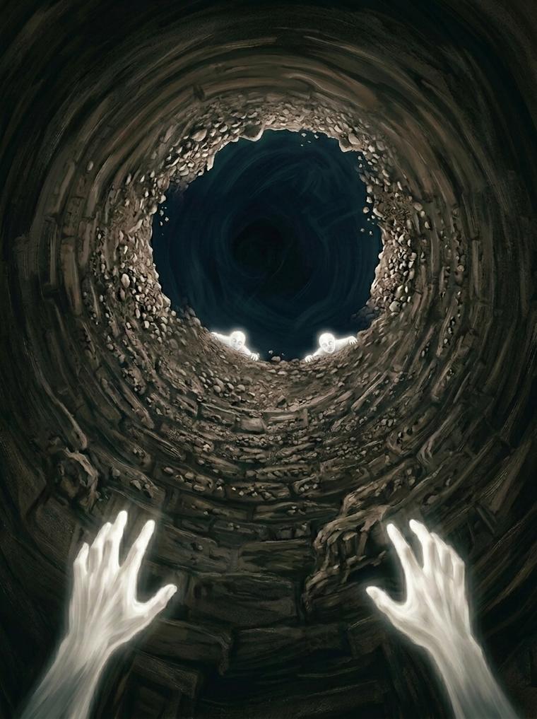 Oil painting from inside a dark earthen hole looking up, glowing hands reaching toward the round gravel rimmed opening, two small beings of white light leaning over its near edge watching the fall